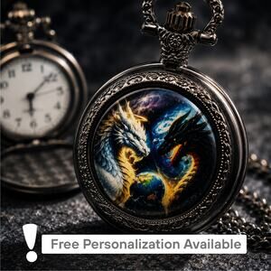 Celestial Yin Yang Dragon Pendant Pocket Watch – Fantasy Necklace Gift